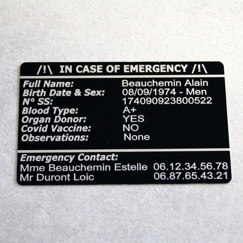 Carte "En cas d'urgence"