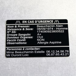 Carte urgence aluminium personnalisée – Infos médicales et contacts