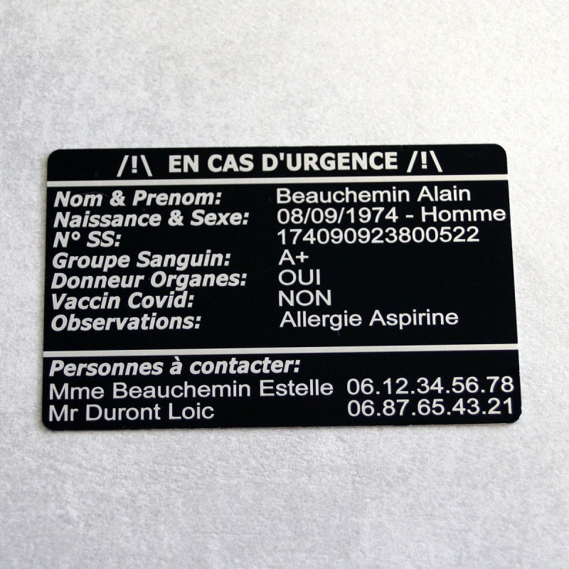 Carte urgence aluminium personnalisée – Infos médicales et contacts