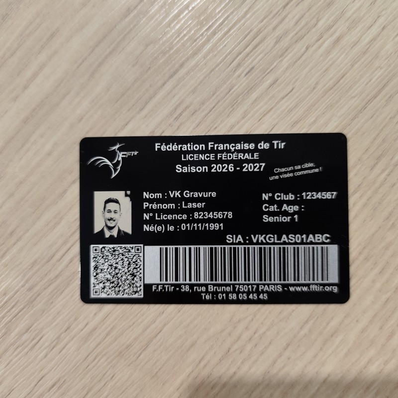 Carte Licence de Tir FFTir Aluminium Gravée | VK Gravure Laser
