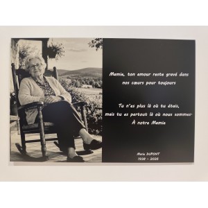 Plaque funéraire personnalisée en aluminium gravée avec photo, nom et dates d'une grand-mère